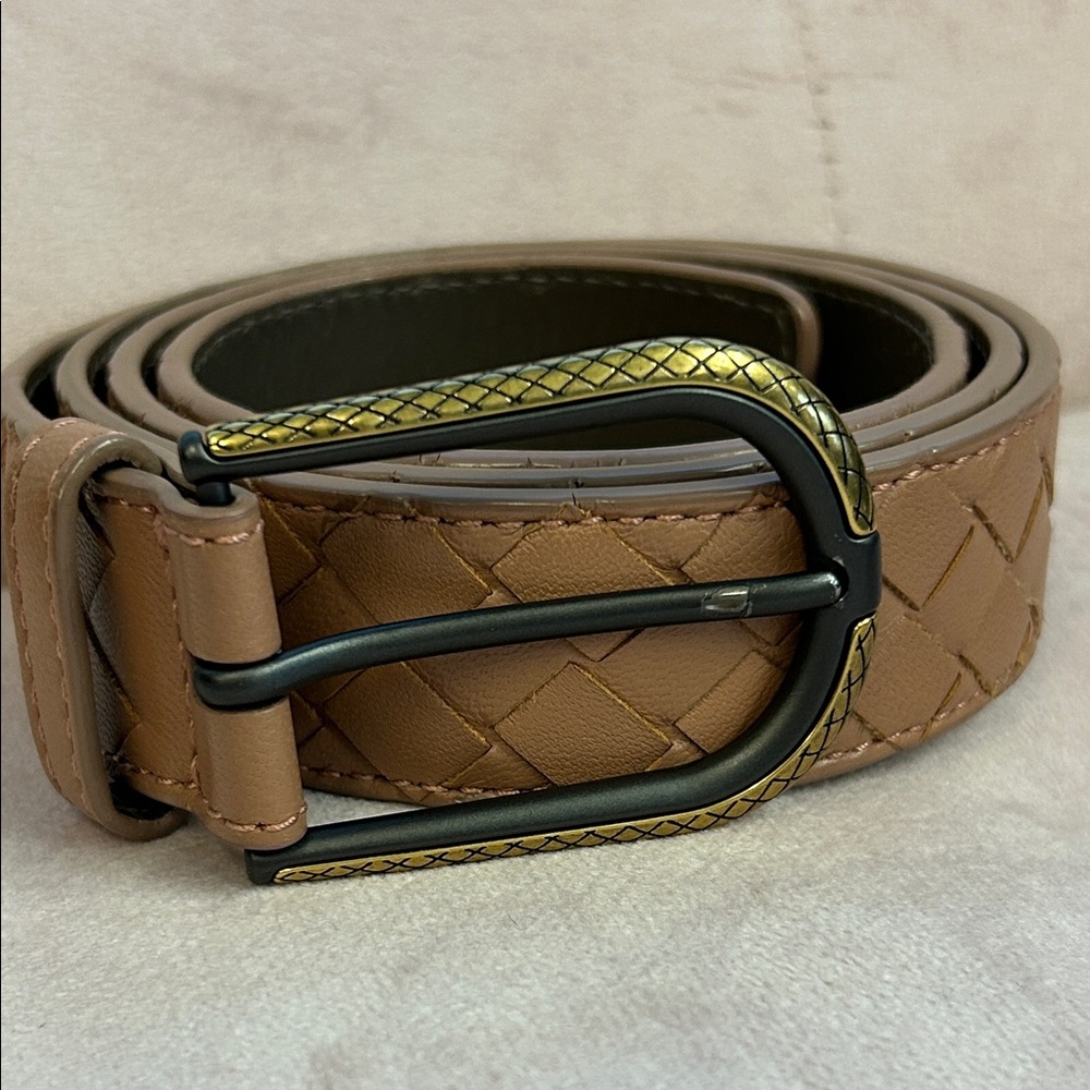 Bottega Veneta Intrecciato Leather Belt – Tan with Antique Golden Buckle